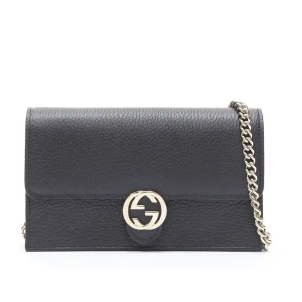 Gucci Black Leather Wallet on Chain with Silver GG Emblem